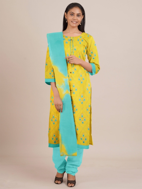 

Pothys Yellow & Sea Green Printed Unstitched Dress Material