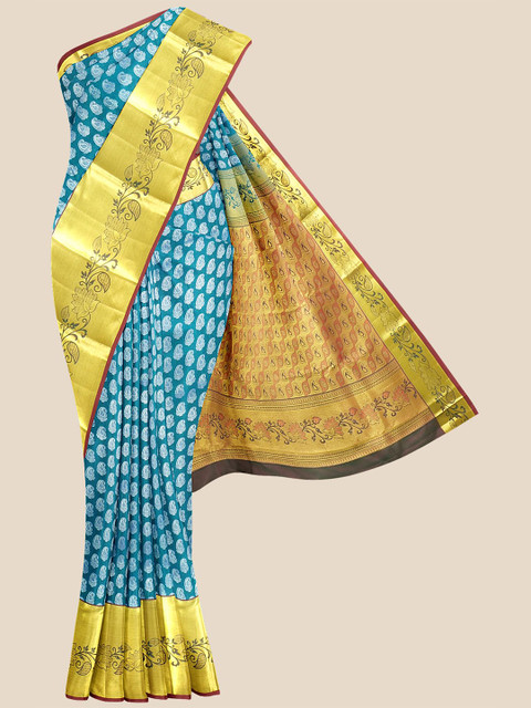 

Kalamandir Teal & Gold-Toned Woven Design Silk Blend Kanjeevaram Saree