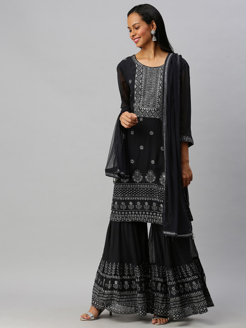

Soch Women Grey Ethnic Motifs Embellished Kurta with Sharara & Dupatta