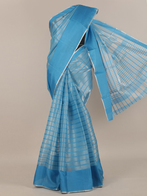 

Pothys Blue & Silver-Coloured Striped Cotton Blend Saree
