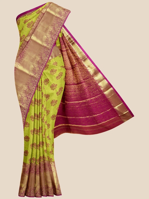 

Kalamandir Green Ethnic Motifs Zari Silk Blend Kanjeevaram Saree