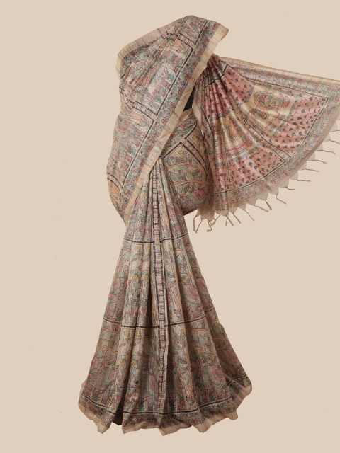 

Pothys Cream & Pink Kalamkari Jute Silk Saree