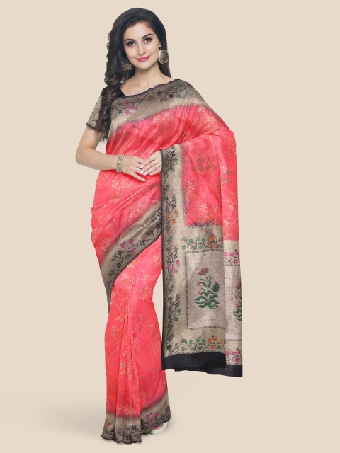 

KLM Fashion Mall Coral Floral Silk Blend Banarasi Saree