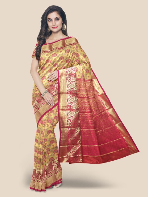 

KLM Fashion Mall Gold-Toned & Yellow Woven Design Zari Silk Blend Kanjeevaram Saree