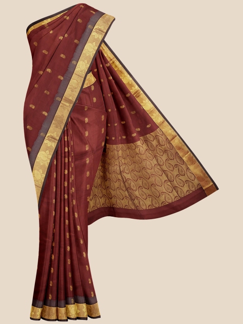 

KLM Fashion Mall Maroon & Gold-Toned Paisley Zari Silk Blend Venkatgiri Saree