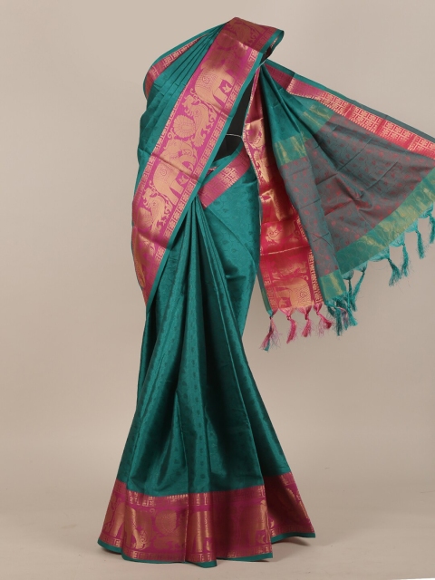 

Pothys Teal & Pink Woven Design Zari Cotton Blend Saree