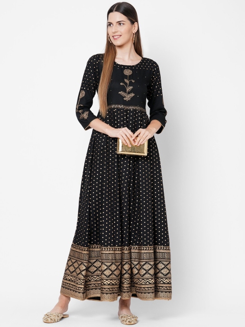 

FASHOR Black & Gold-Toned Ethnic Motifs Foil Printed Maxi Dress