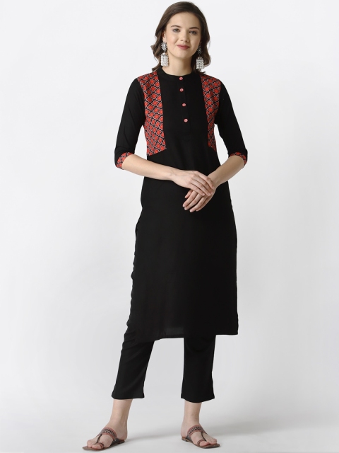 

SANISA Women Black Yoke Design Printed Handloom A-line Kurta