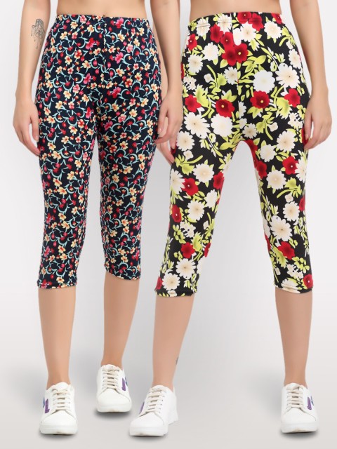 

NEUDIS Women Pack Of 2 Printed Skinny Fit Capris, Black