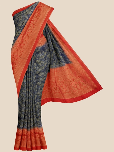 

Kalamandir Navy Blue & Red Ethnic Motifs Zari Silk Blend Banarasi Saree