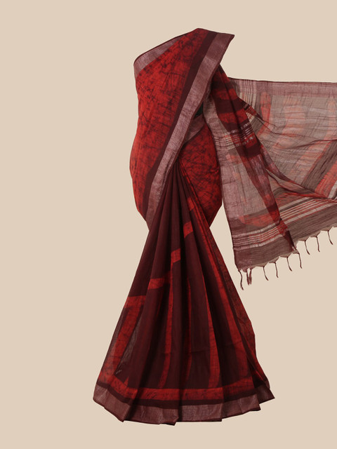 

Pothys Red & Brown Batik Zari Jute Cotton Saree