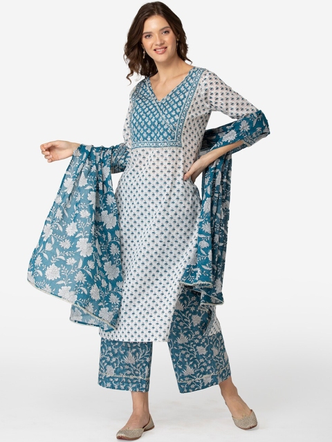 

TARA-C-TARA White & Blue Printed Pure Cotton Kurta with Palazzos & With Dupatta