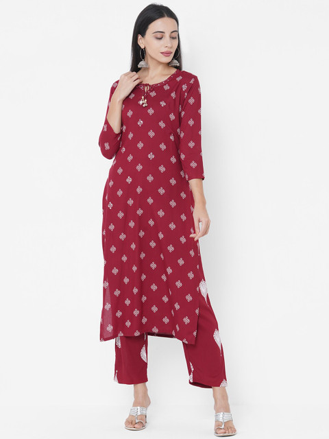 

FASHOR Women Maroon Ethnic Motifs Printed Kurta with Trousers