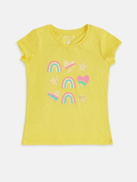 

Pantaloons Junior Girls Yellow Pink Printed Pure Cotton T-shirt