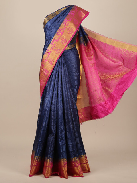 

Pothys Navy Blue & Pink Ethnic Motifs Zari Jute Silk Saree