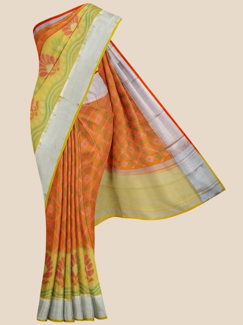 Kalamandir Orange & Green Ethnic Motifs Zari Silk Blend Banarasi Saree
