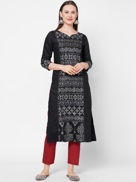 

Os Women Black & White Ethnic Motifs Printed Cotton Silk Straight Kurta