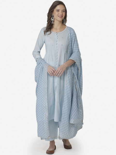 

TARA-C-TARA Women Blue Ethnic Motifs Panelled Pure Cotton Kurta with Palazzos & With Dupatta