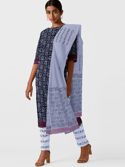 

Taneira Navy Blue & White Printed Pure Cotton Unstitched Dress Material