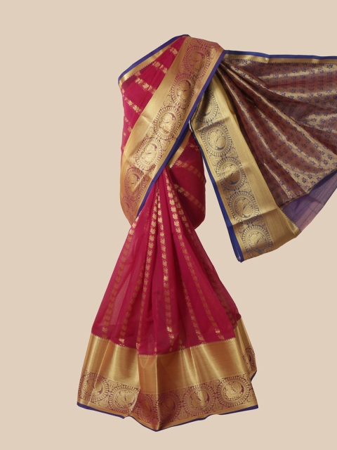 Pothys Pink & Blue Floral Zari Silk Cotton Saree