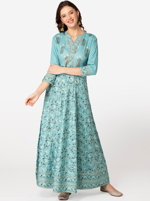 

TARA-C-TARA Blue & Gold-Toned Floral Printed Ethnic Anarkali Maxi Dress