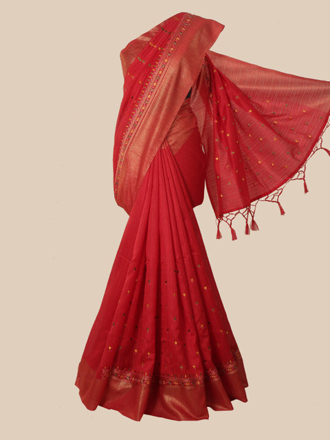 

Pothys Red & Yellow Embellished Zari Jute Silk Saree