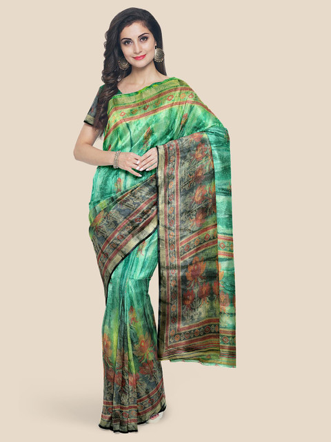 

Kalamandir Green Floral Zari Linen Blend Saree