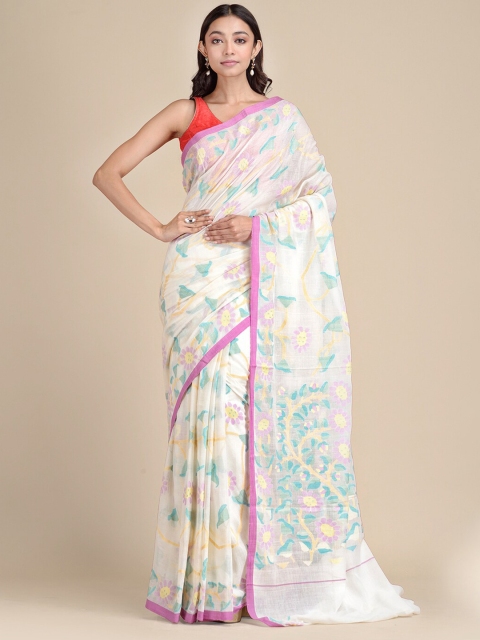 

Mitera White & Green Floral Pure Cotton Heavy Work Jamdani Saree