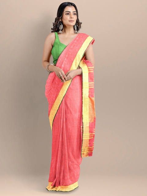 

BharatSthali Pink & Gold-Toned Zari Pure Cotton Mangalagiri Saree