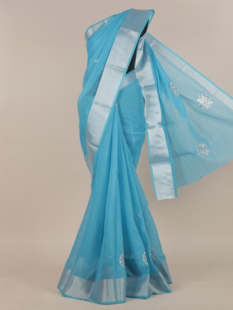 

Pothys Turquoise Blue & Silver-Toned Floral Embroidered Saree