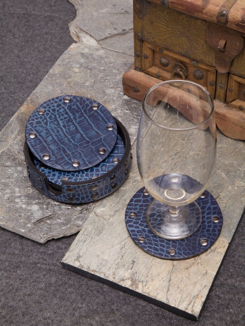 

IMUR Set Of 6 Blue Textured Leather Coasters