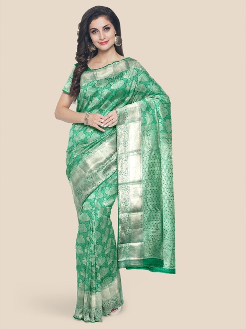 

Kalamandir Sea Green & Silver-Toned Woven Design Zari Silk Blend Kanjeevaram Saree