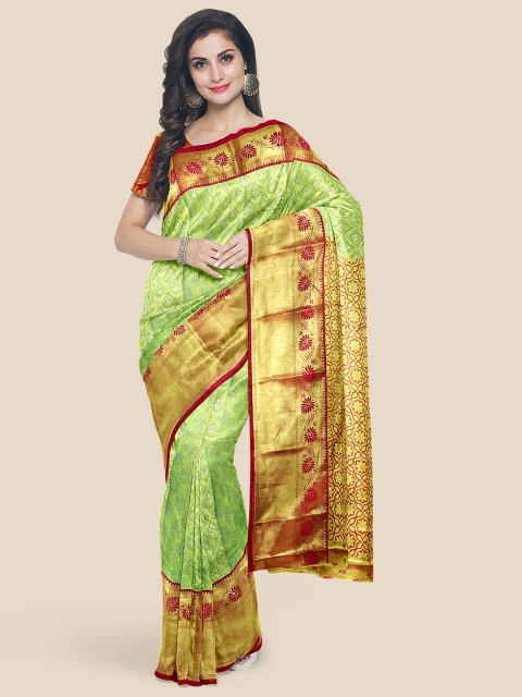

KLM Fashion Mall Green & Red Ethnic Motifs Zari Silk Blend Kanjeevaram Saree