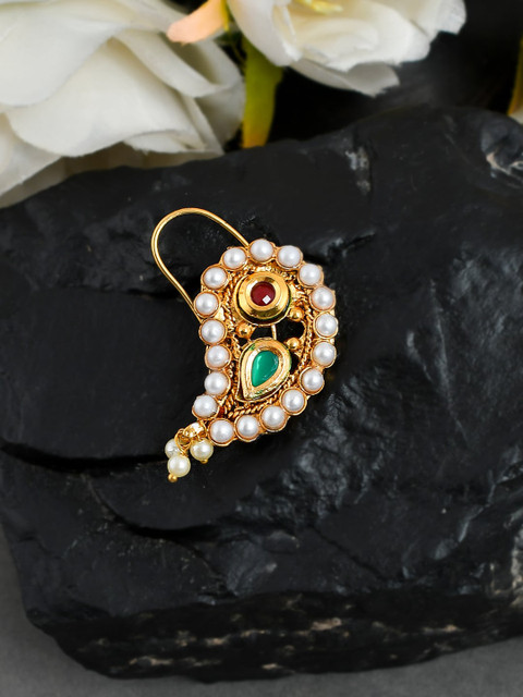 

Silvermerc Designs Gold-Toned White & Green Stone-Studded Pearl Mango Nosepin