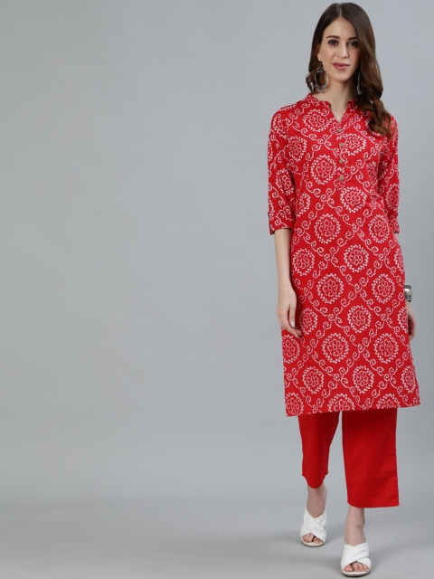 

Ishin Women Red Bandhani Printed Angrakha Pure Cotton Kurti with Trousers
