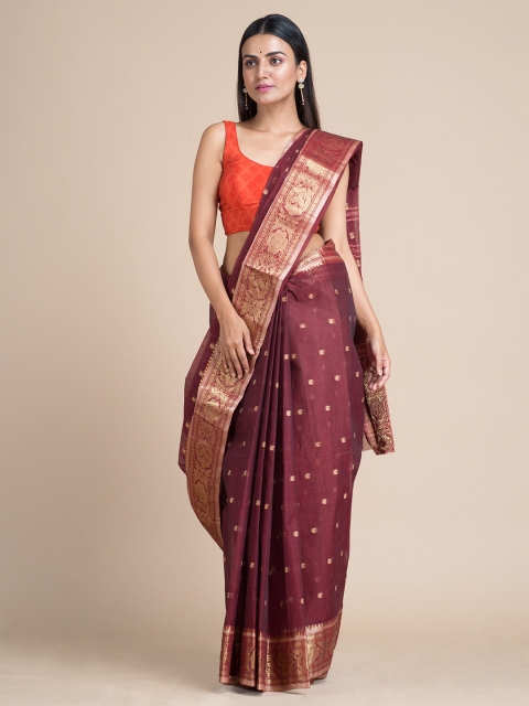 

Mitera Maroon & Gold-Toned Paisley Zari Pure Cotton Fusion Taant Saree
