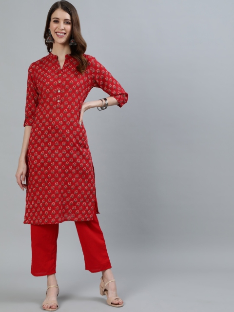 

Ishin Women Red Floral Printed Panelled Pure Cotton Kurta with Trousers
