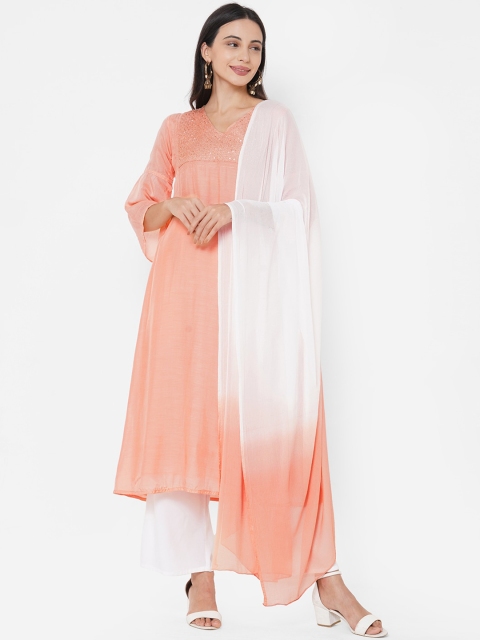 

FASHOR Women Peach Embroidered Kurti with Palazzos & With Dupatta