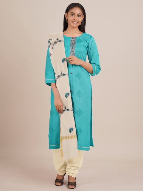 

Pothys Blue & Off White Printed Unstitched Dress Material