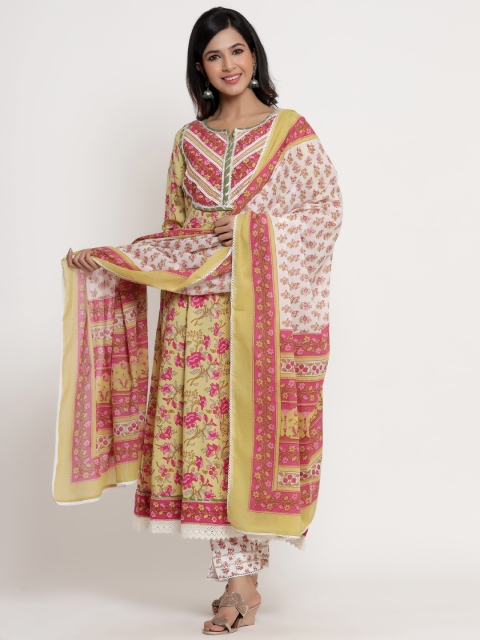 

ANAISA Women Yellow Floral Yoke Design Empire Kurta with Trousers & With Dupatta