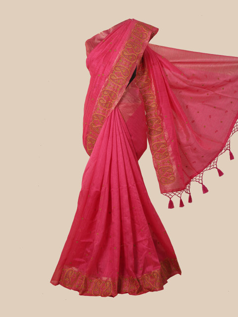 

Pothys Pink & Green Paisley Jute Silk Saree