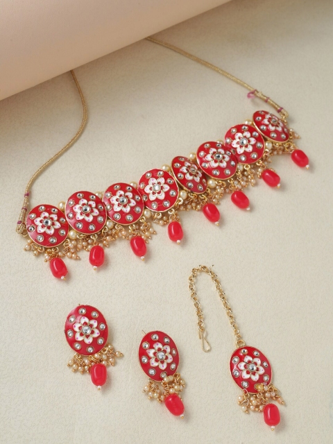 

Shoshaa Gold-Plated White & Red Stone-Studded Enameled Handcrafted Jewellery Set
