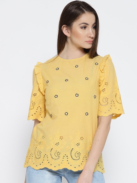 

SCOUP Women Printed Embellished Mustard Top