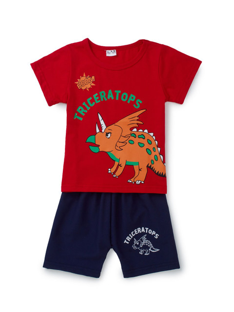 

Like A Boss Boys Red & Navy Blue Triceratops Printed T-shirt with Shorts