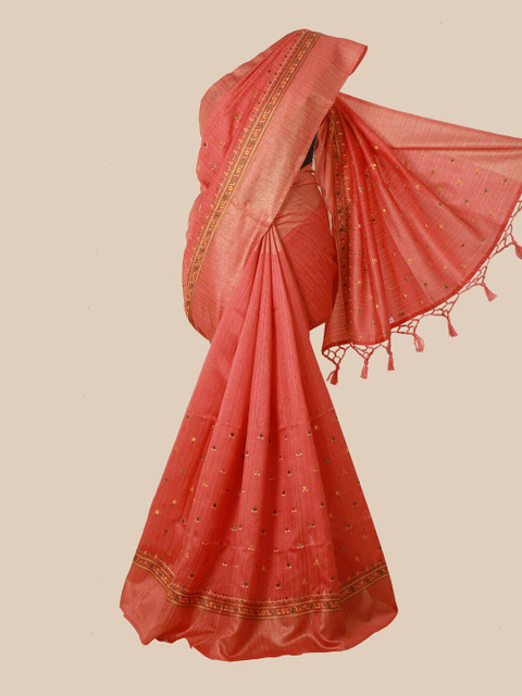 

Pothys Peach Ethnic Motifs Zari Jute Silk Saree
