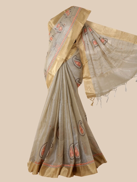 

Pothys Grey & Peach-Coloured Paisley Zari Tissue Saree