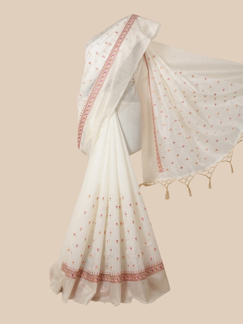 

Pothys White & Pink Floral Jute Silk Saree