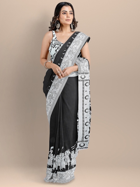 

BharatSthali Black & White Ethnic Motifs Pure Cotton Block Print Saree