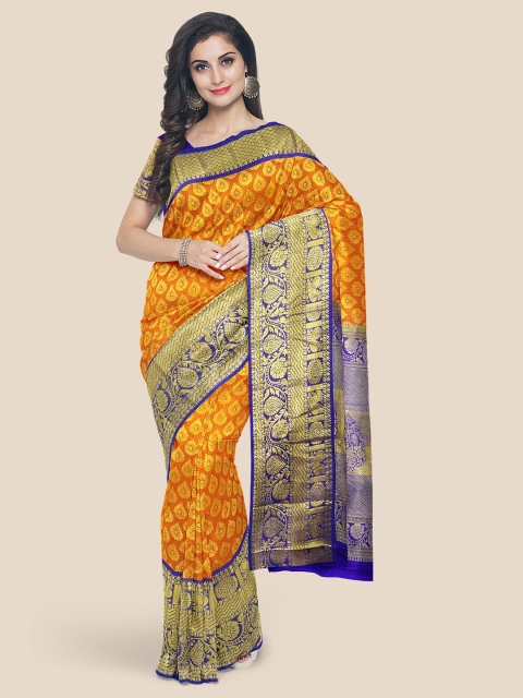 

Kalamandir Mustard & Blue Woven Design Silk Blend Kanjeevaram Saree