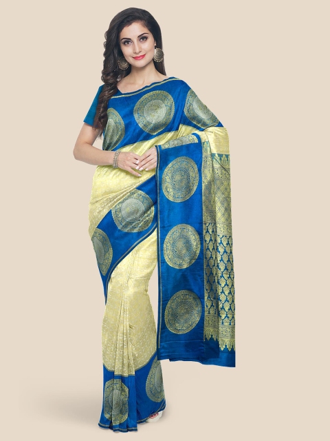 

KLM Fashion Mall Yellow & Blue Woven Design Silk Blend Kanjeevaram Saree